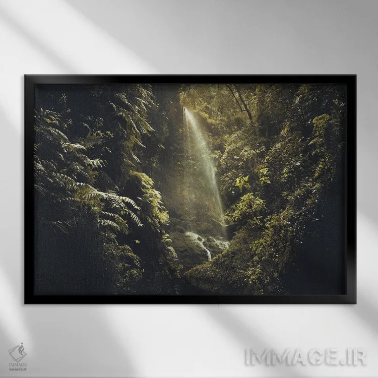 تابلو آبشار مخفی در پوشش گیاهی پرپشت اثر آنابل شابر - نمای قابدار مشکی