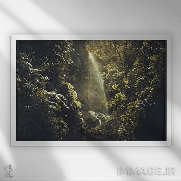 تابلو آبشار مخفی در پوشش گیاهی پرپشت اثر آنابل شابر - نمای قابدار سفید