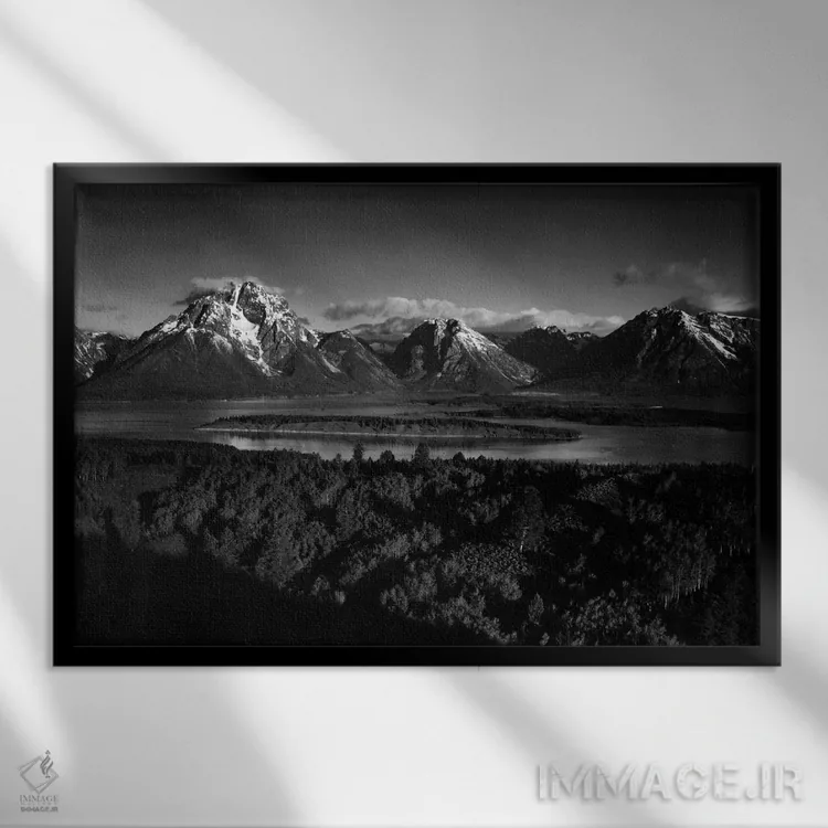 تابلو کوه موران و دریاچه جکسون از تپه سیگنال (آمریکا) اثر انسل آدامز (عکاس طبیعت آمریکایی) - نمای قابدار مشکی