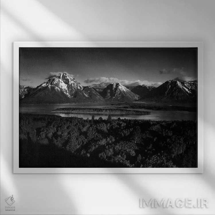 تابلو کوه موران و دریاچه جکسون از تپه سیگنال (آمریکا) اثر انسل آدامز (عکاس طبیعت آمریکایی) - نمای قابدار سفید