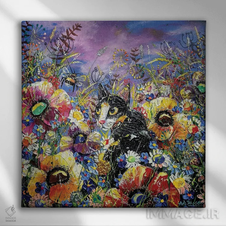 تابلو گربه در میان گلها اثر اندرو آلن جانسون - نمای روبهرو روی دیوار
