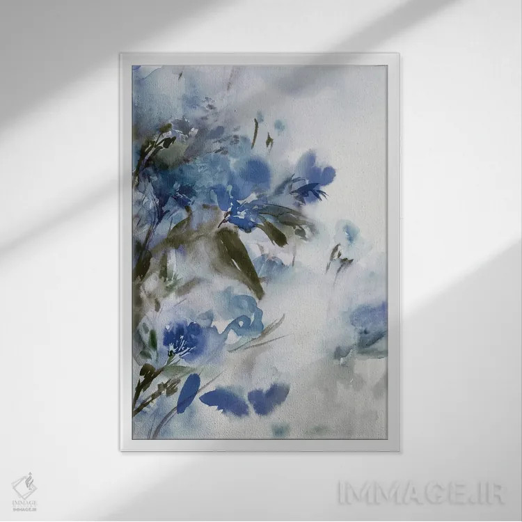 تابلو گلهای آبی II اثر آریا کِی - نمای قابدار سفید