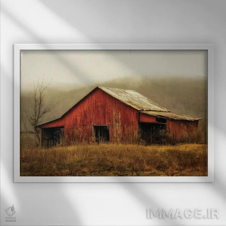 تابلو انباری با نورگیر در مه اثر اندی اموس - نمای قابدار سفید