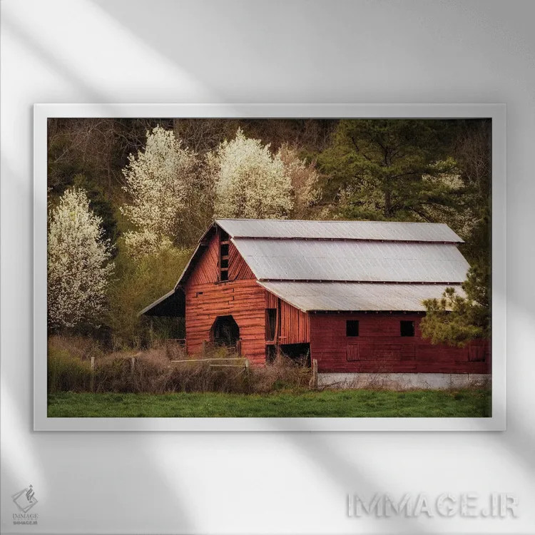 تابلو انباری قرمز با نورگیر اثر اندی اموس - نمای قابدار سفید