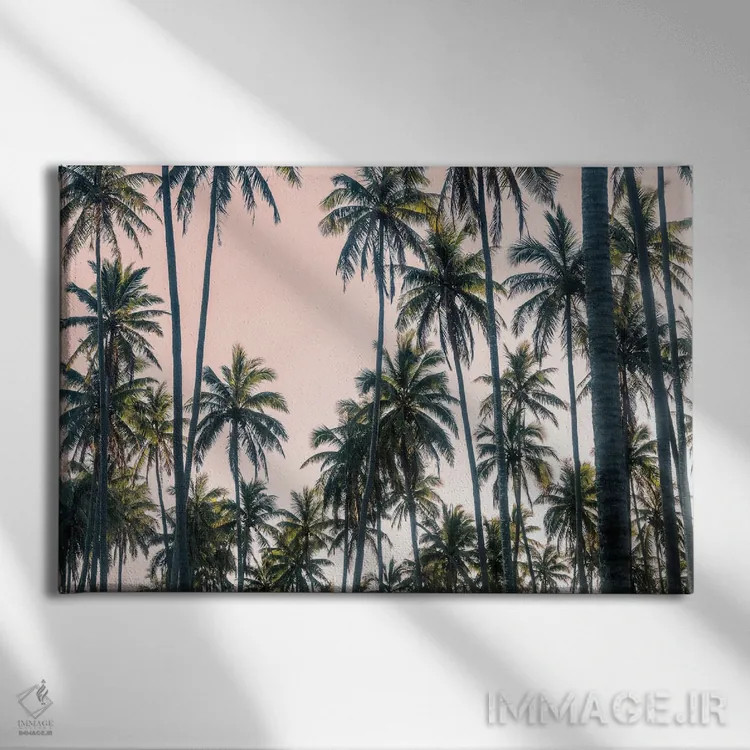 تابلو نمای نخلها روی آسمان صورتی II اثر اندی اموس - نمای روبهرو روی دیوار