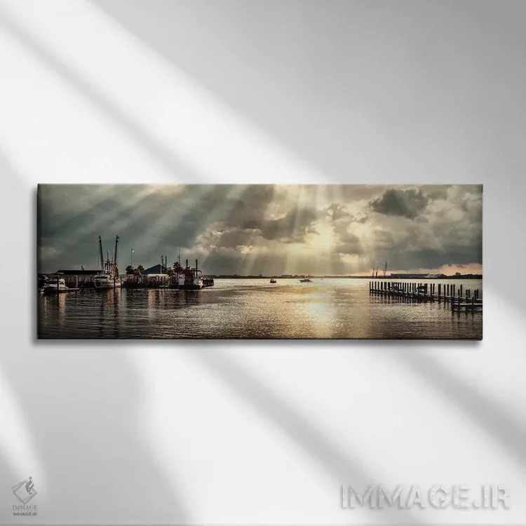 تابلو طلوع خورشید در اسکله اثر اندی اموس - نمای روبهرو روی دیوار