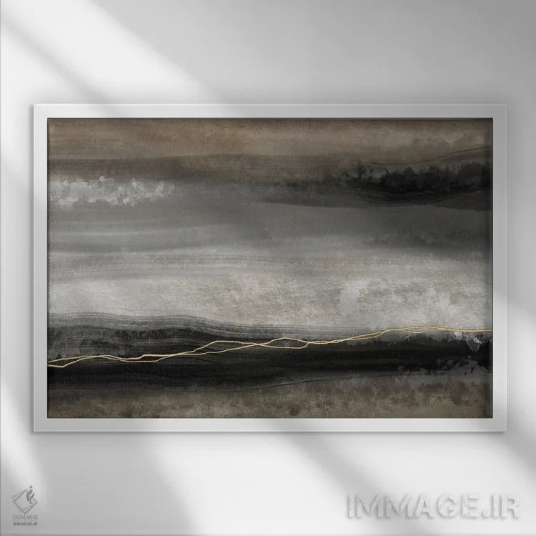 تابلو انتزاع طلایی موکا اثر آنجلا بادن - نمای قابدار سفید