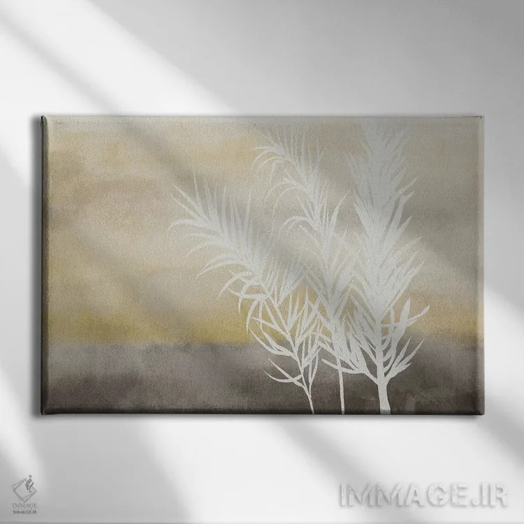 تابلو گیاهان سفید با خاکستری و زرد اثر آنجلا بادن - نمای روبهرو روی دیوار