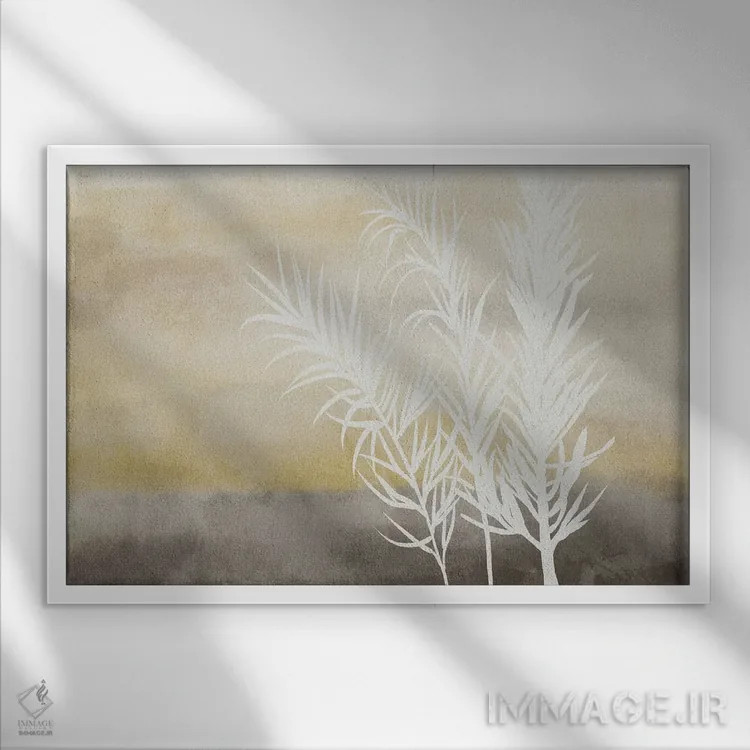تابلو گیاهان سفید با خاکستری و زرد اثر آنجلا بادن - نمای قابدار سفید