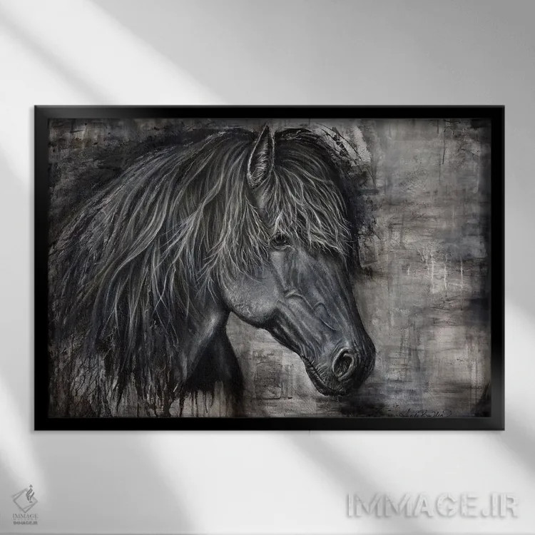 تابلو اسب تیره باشکوه اثر آنجلا بادن - نمای قابدار مشکی