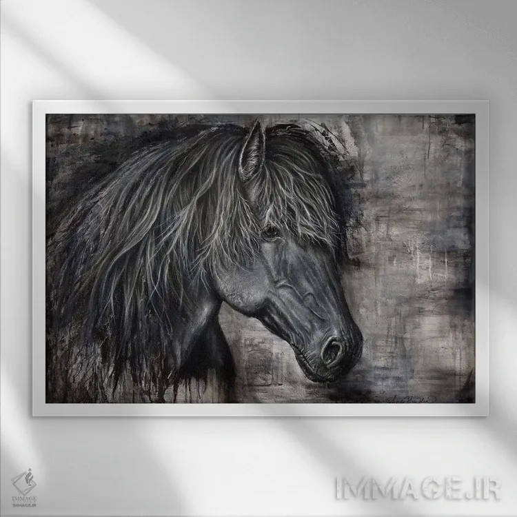 تابلو اسب تیره باشکوه اثر آنجلا بادن - نمای قابدار سفید