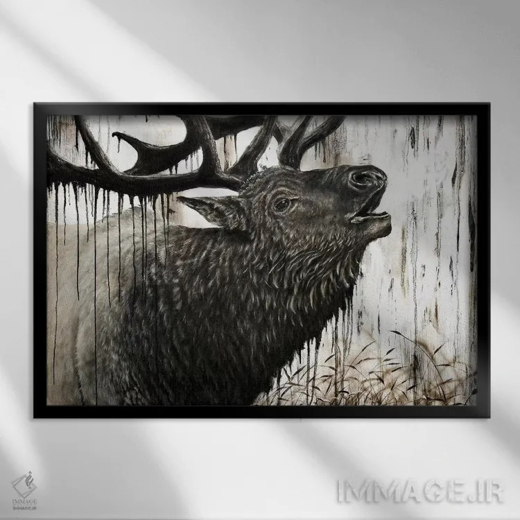 تابلو گوزن نر شیپورکش اثر آنجلا بادن - نمای قابدار مشکی