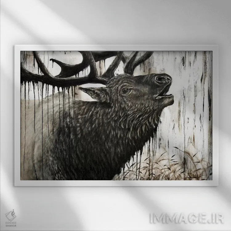 تابلو گوزن نر شیپورکش اثر آنجلا بادن - نمای قابدار سفید