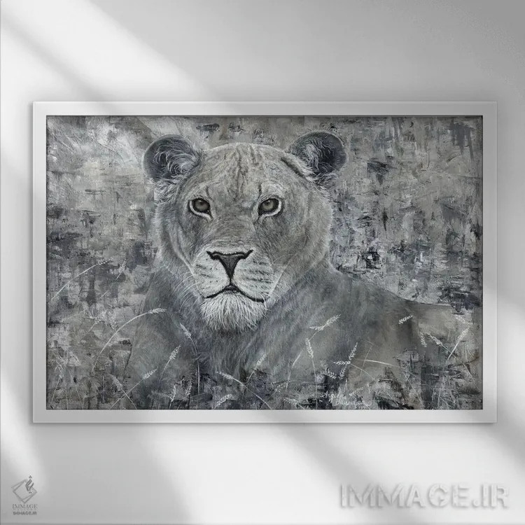 تابلو قدرت شیر ماده گله اثر آنجلا بادن - نمای قابدار سفید