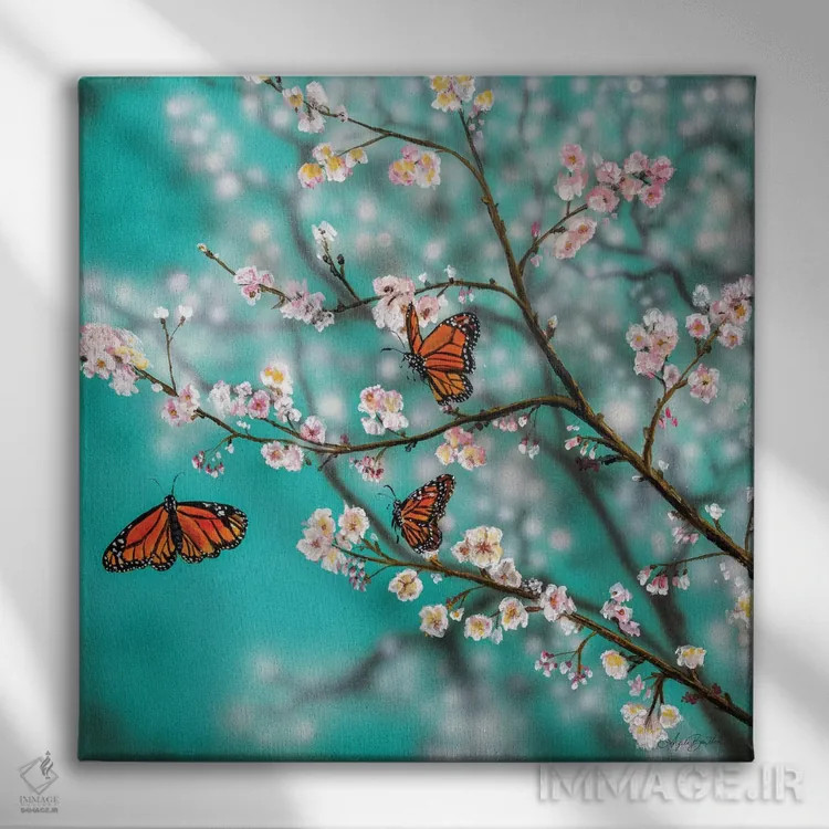 تابلو پروانهها و شکوفهها اثر آنجلا بادن - نمای روبهرو روی دیوار