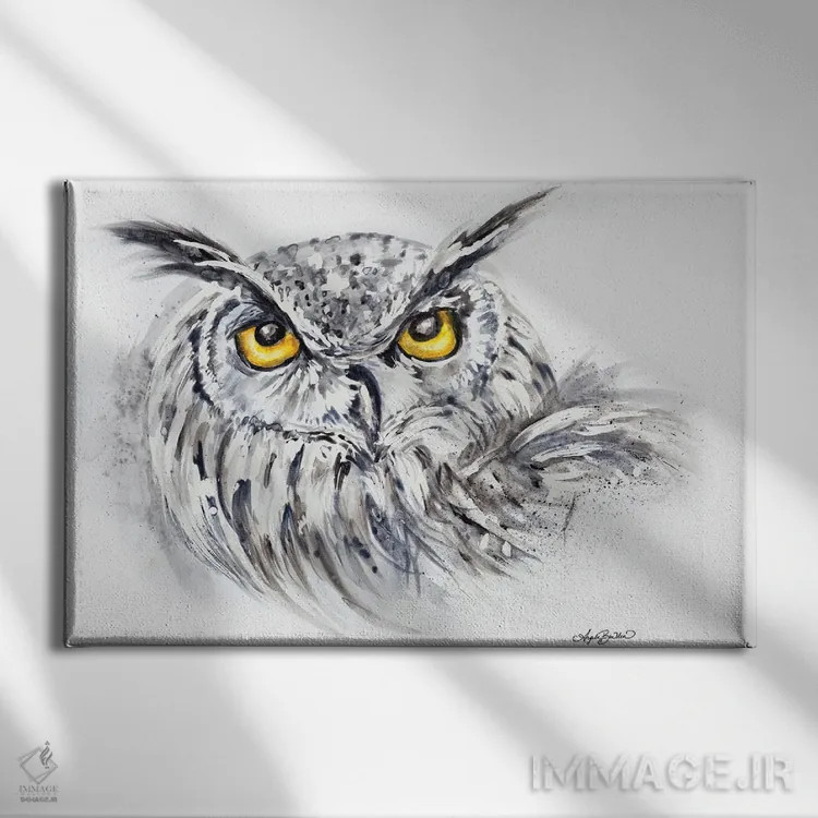 تابلو جغد عقابی با آبرنگ اثر آنجلا بادن - نمای روبهرو روی دیوار