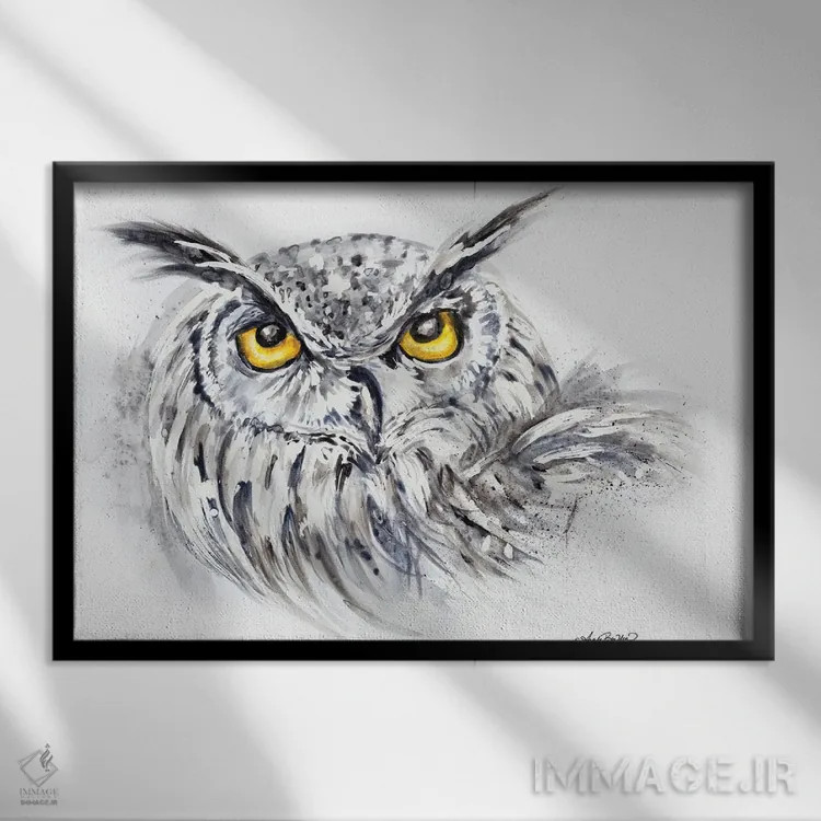 تابلو جغد عقابی با آبرنگ اثر آنجلا بادن - نمای قابدار مشکی