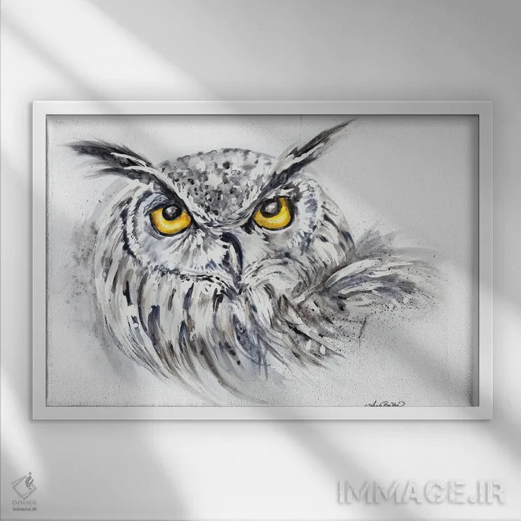 تابلو جغد عقابی با آبرنگ اثر آنجلا بادن - نمای قابدار سفید