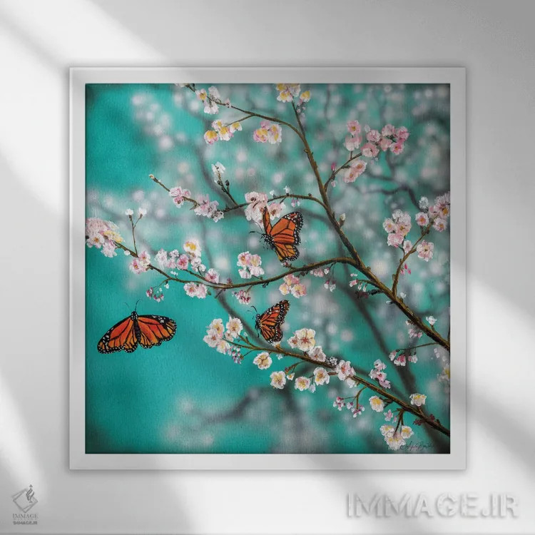 تابلو پروانهها و شکوفهها اثر آنجلا بادن - نمای قابدار سفید