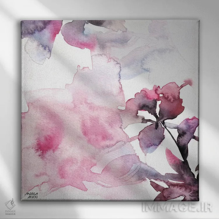 تابلو گلهای صورتی و بنفش با آبرنگ ۲ اثر آندریا بیجو - نمای روبهرو روی دیوار