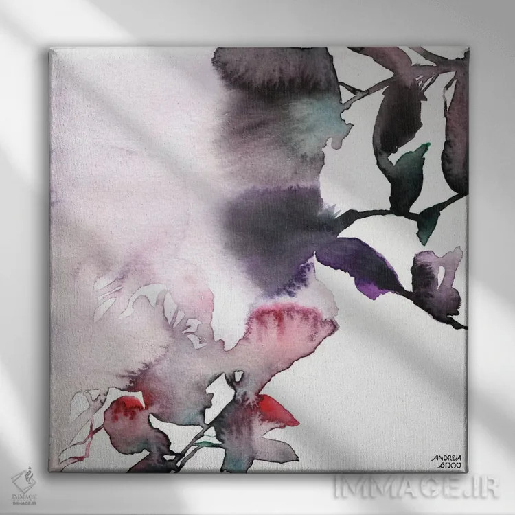 تابلو سهگانه گلهای صورتی و بنفش با آبرنگ ۱ اثر آندریا بیجو - نمای روبهرو روی دیوار
