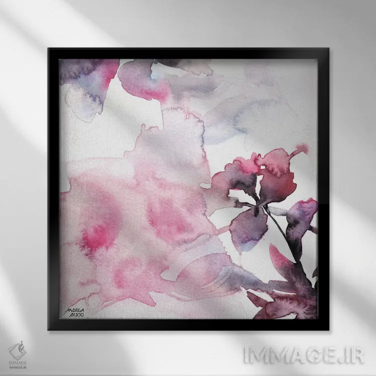 تابلو گلهای صورتی و بنفش با آبرنگ ۲ اثر آندریا بیجو - نمای قابدار مشکی