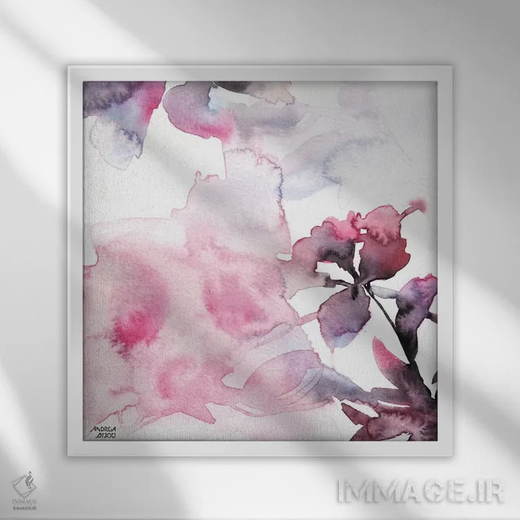 تابلو گلهای صورتی و بنفش با آبرنگ ۲ اثر آندریا بیجو - نمای قابدار سفید