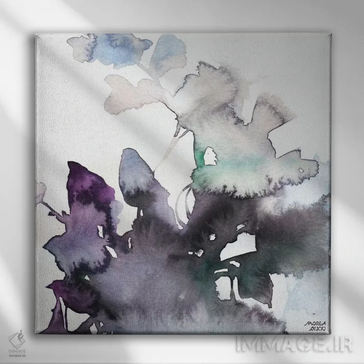 تابلو گلهای صورتی و بنفش با آبرنگ ۳ اثر آندریا بیجو - نمای روبهرو روی دیوار