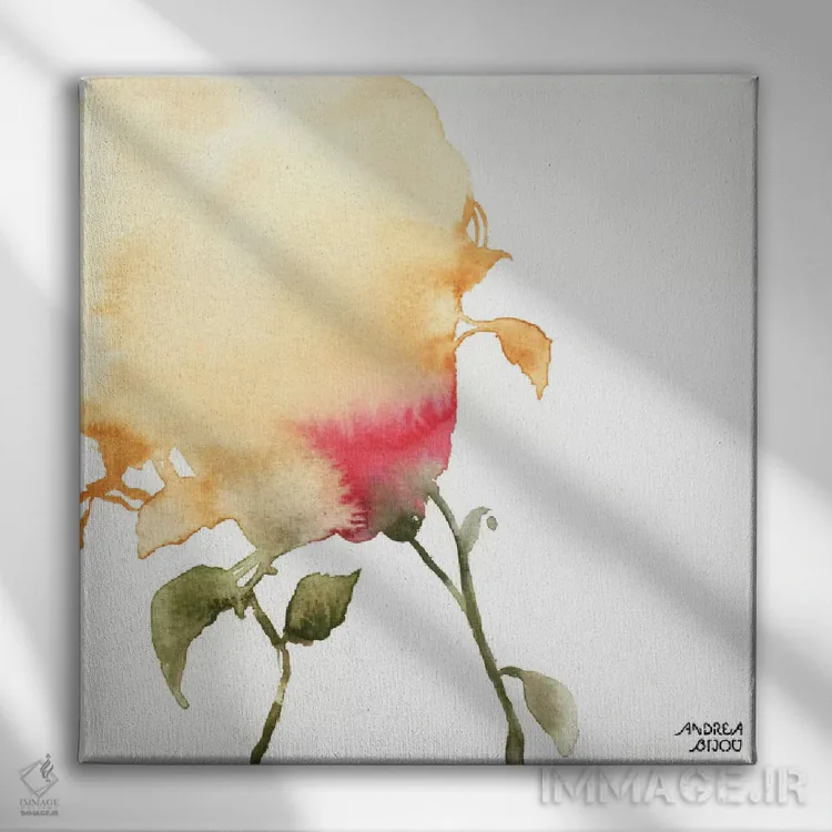 تابلو گلهای زرد و قرمز با آبرنگ ۱ اثر آندریا بیجو - نمای روبهرو روی دیوار