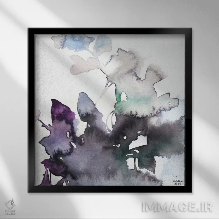 تابلو گلهای صورتی و بنفش با آبرنگ ۳ اثر آندریا بیجو - نمای قابدار مشکی