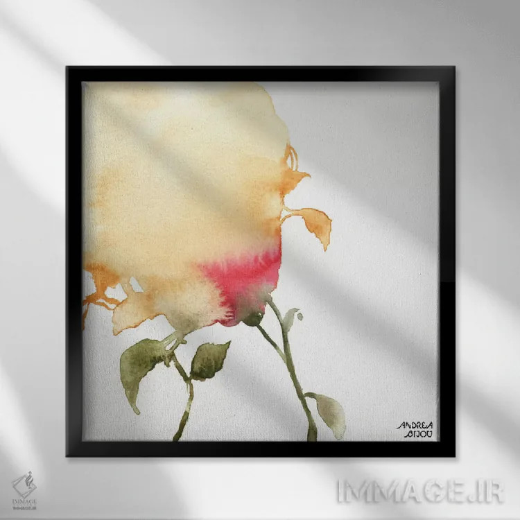 تابلو گلهای زرد و قرمز با آبرنگ ۱ اثر آندریا بیجو - نمای قابدار مشکی