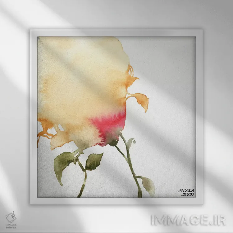 تابلو گلهای زرد و قرمز با آبرنگ ۱ اثر آندریا بیجو - نمای قابدار سفید