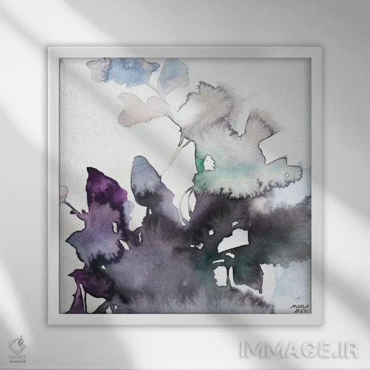 تابلو گلهای صورتی و بنفش با آبرنگ ۳ اثر آندریا بیجو - نمای قابدار سفید