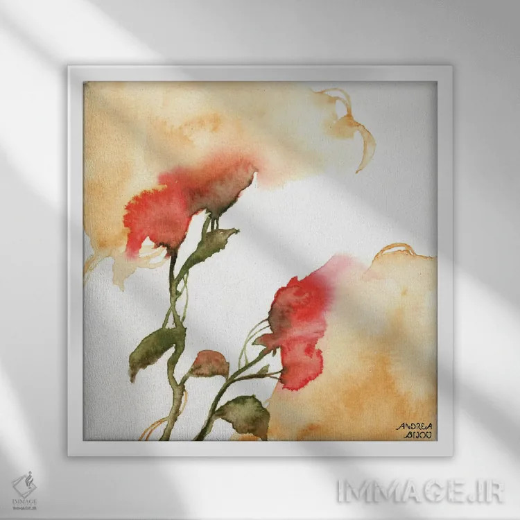 تابلو گلهای زرد و قرمز با آبرنگ ۲ اثر آندریا بیجو - نمای قابدار سفید