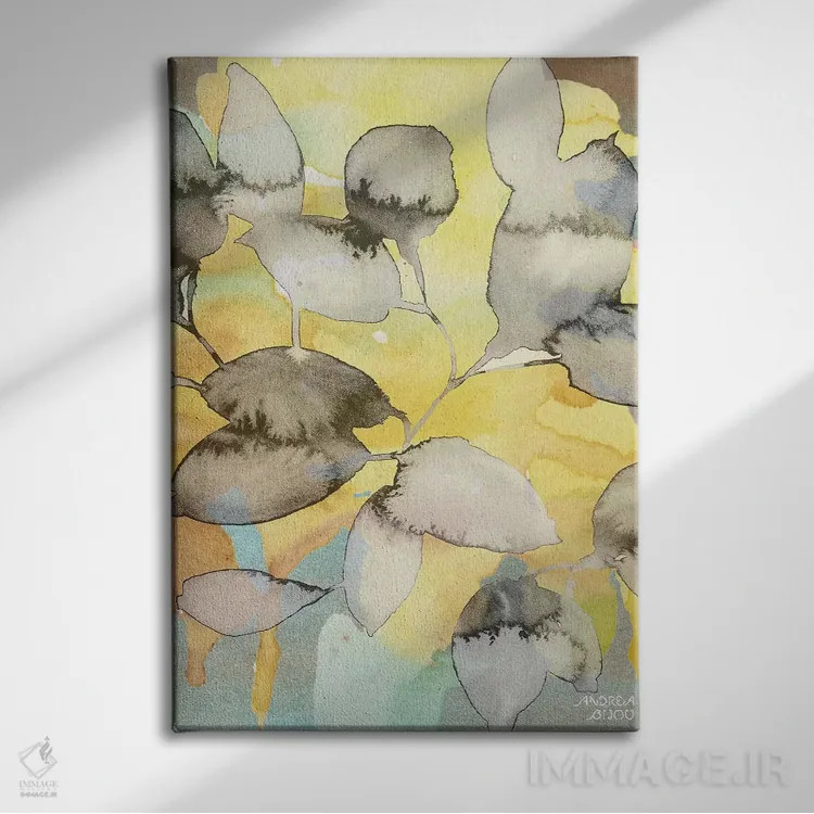تابلو برگهای زرد انتزاعی اثر آندریا بیجو - نمای روبهرو روی دیوار