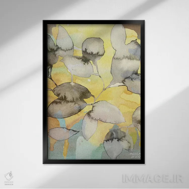 تابلو برگهای زرد انتزاعی اثر آندریا بیجو - نمای قابدار مشکی