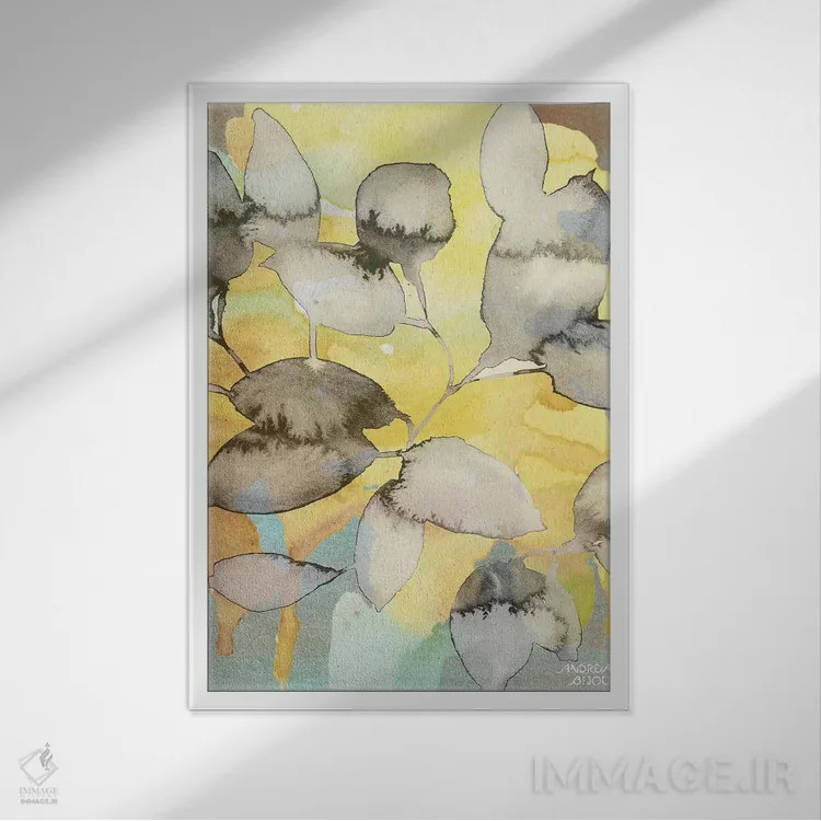 تابلو برگهای زرد انتزاعی اثر آندریا بیجو - نمای قابدار سفید
