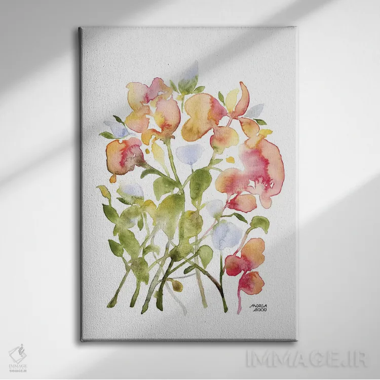 تابلو گلهای آبی و صورتی اثر آندریا بیجو - نمای روبهرو روی دیوار