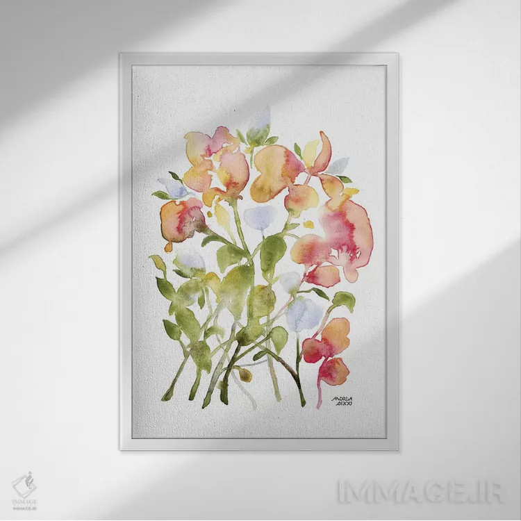 تابلو گلهای آبی و صورتی اثر آندریا بیجو - نمای قابدار سفید