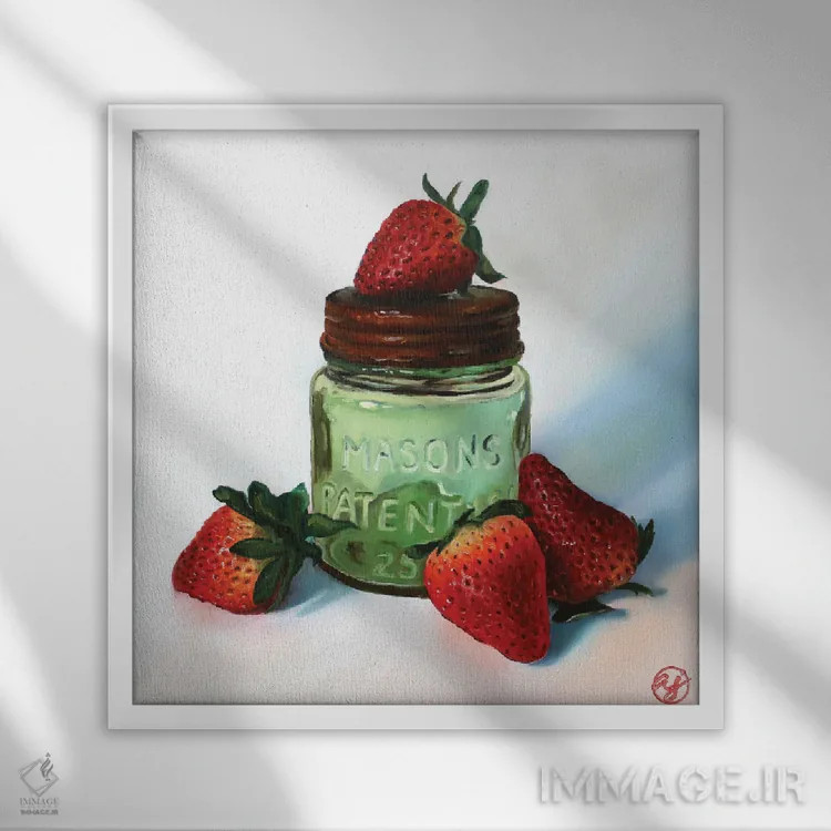 تابلو توت فرنگی نیمپیمانه سبز اثر ابرا جانسون - نمای قابدار سفید