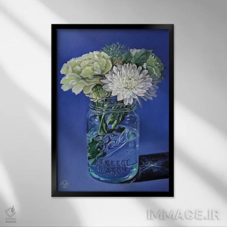 تابلو شیشهٔ مربا با گلها اثر ابرا جانسون - نمای قابدار مشکی