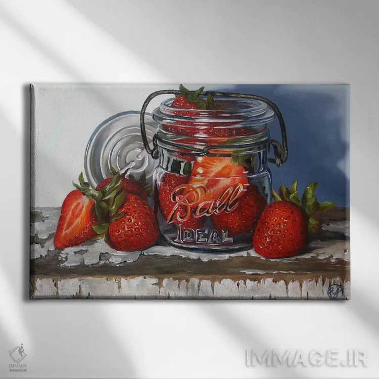 تابلو شیشهٔ مربا و توتفرنگیها اثر ابرا جانسون - نمای روبهرو روی دیوار