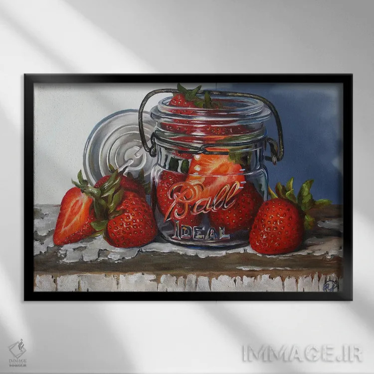 تابلو شیشهٔ مربا و توتفرنگیها اثر ابرا جانسون - نمای قابدار مشکی