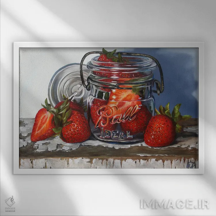 تابلو شیشهٔ مربا و توتفرنگیها اثر ابرا جانسون - نمای قابدار سفید