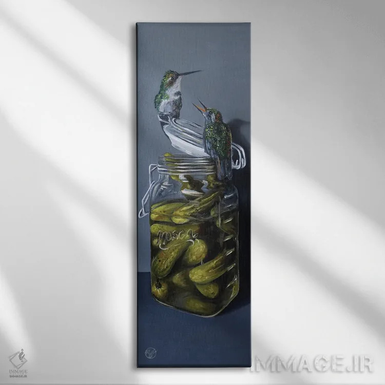 تابلو زنبور، مرغ مگسخوار و خیارشور اثر ابرا جانسون - نمای روبهرو روی دیوار