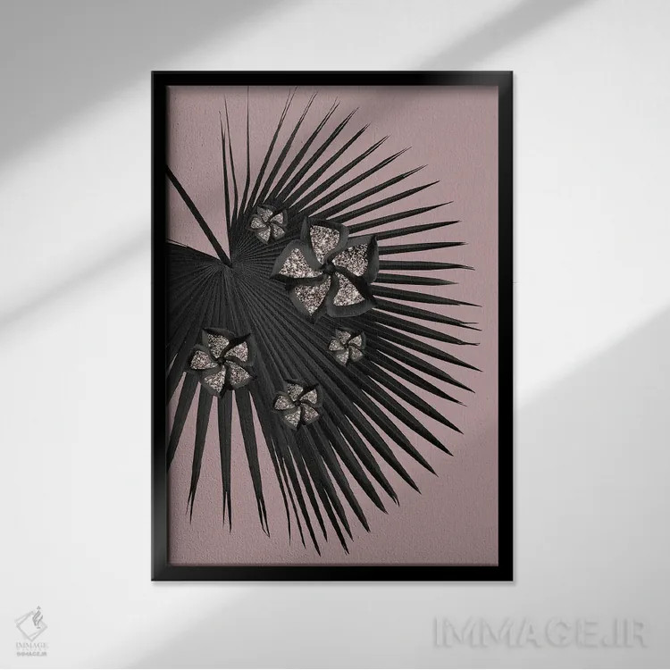 تابلو درخت بادبزنی با گل و درخشش چشمگیر III اثر هنر آنیتا و بلا - نمای قابدار مشکی