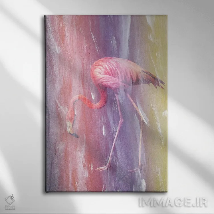 تابلو فلامینگو در باران رنگی I اثر هنر آنیتا و بلا - نمای روبهرو روی دیوار
