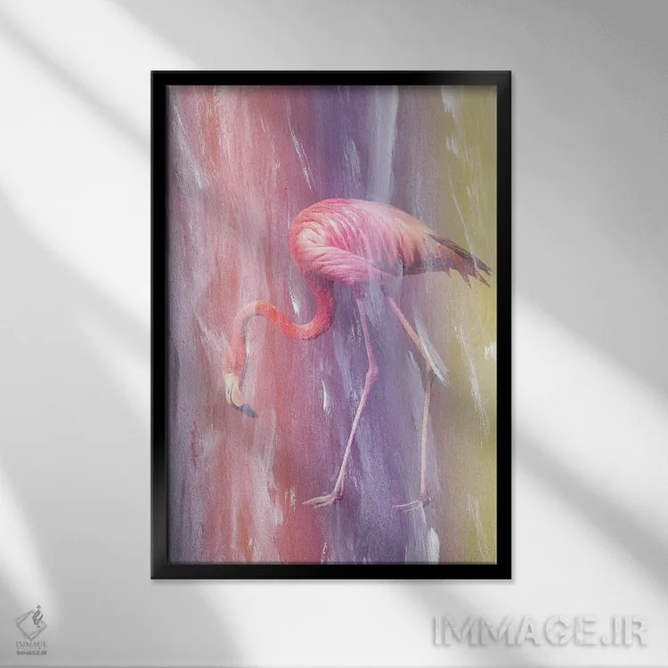 تابلو فلامینگو در باران رنگی I اثر هنر آنیتا و بلا - نمای قابدار مشکی