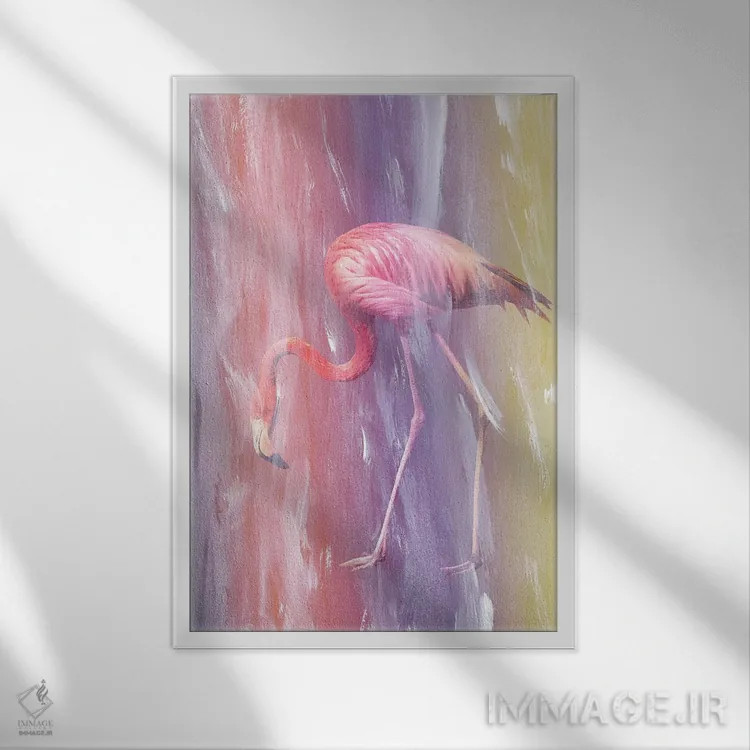 تابلو فلامینگو در باران رنگی I اثر هنر آنیتا و بلا - نمای قابدار سفید
