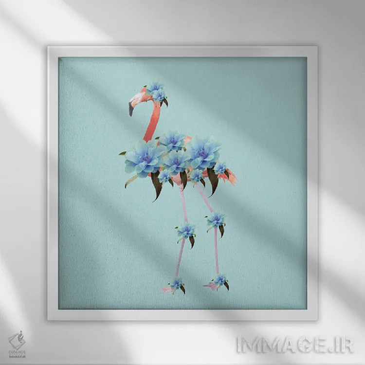 تابلو فلامینگو گلدار I اثر هنر آنیتا و بلا - نمای قابدار سفید